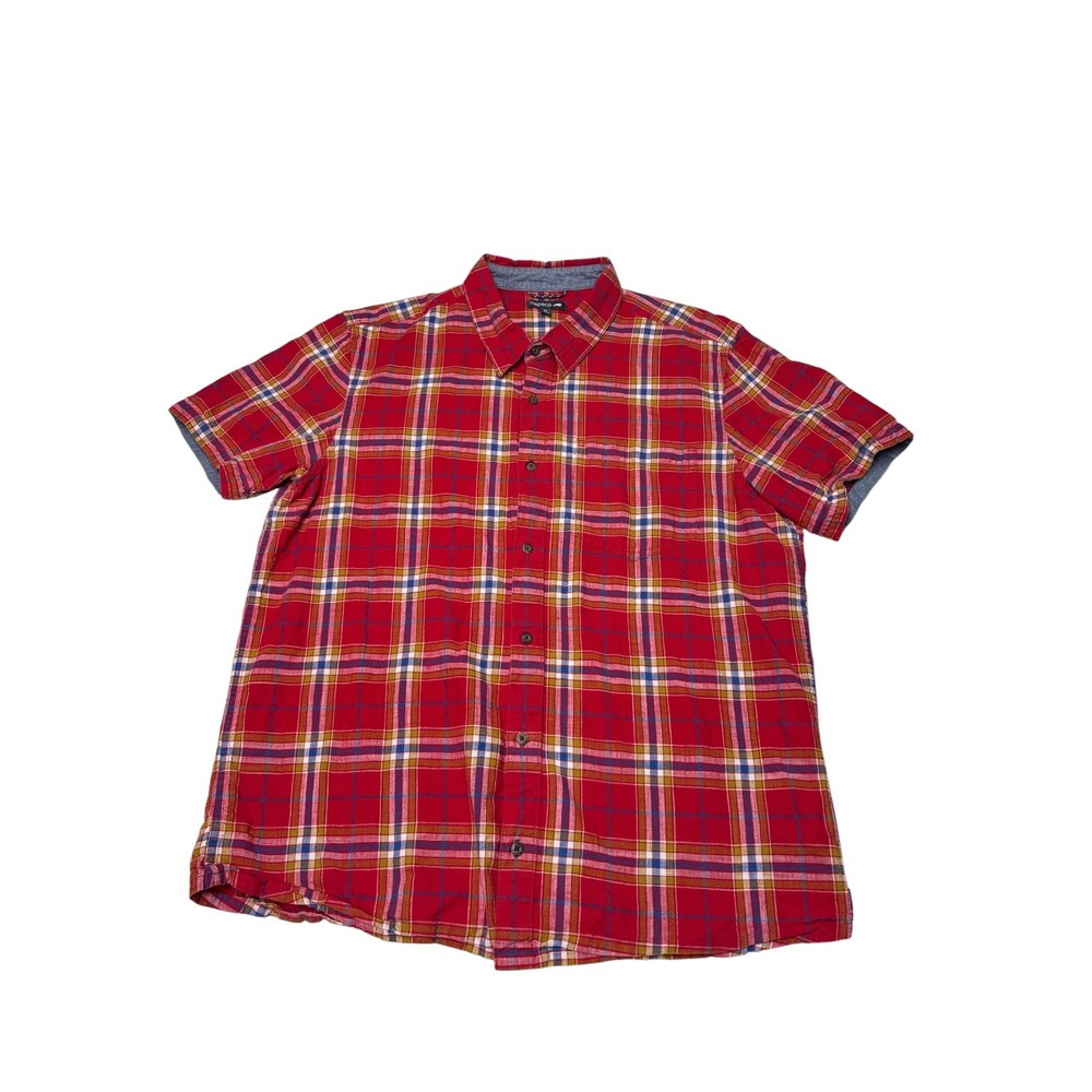 Toad&Co‎ Mens XL Red Plaid Cotton Seersucker Short Sleeve Button Down Shirt